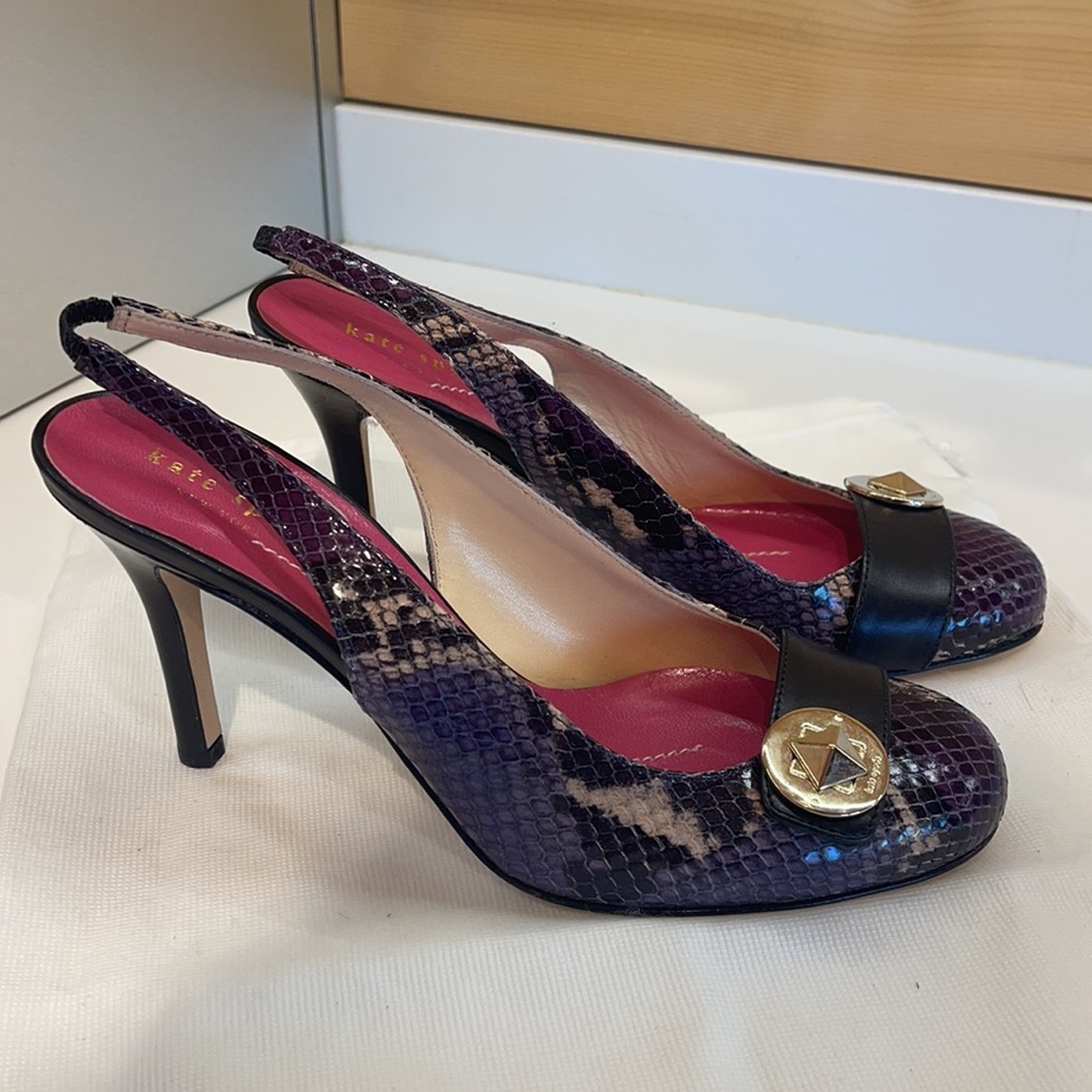 kate spade Purple Snake-Print Slingback Heels with Gold Accent